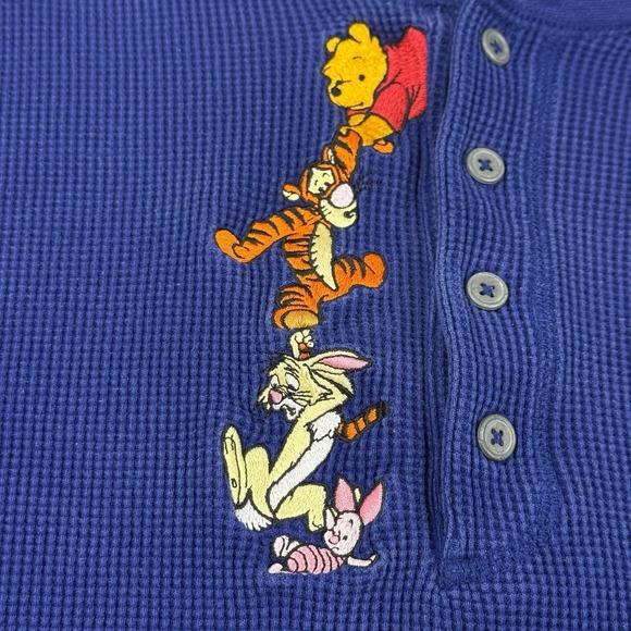VTG Disney‎ Store Waffle Knit Henley L Blue Winnie The Pooh Tigger Rabbit Piglet - Picture 9 of 16